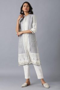 Grey Mandarin Neck Printed Kurta-5