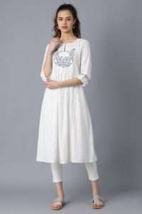 White Round Neck Gathered Kurta-6