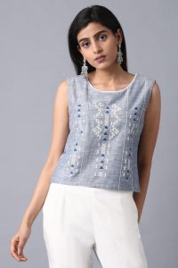 Blue Round Neck Embroidered Crop Top