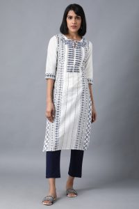 White Round Neck Printed Kurta